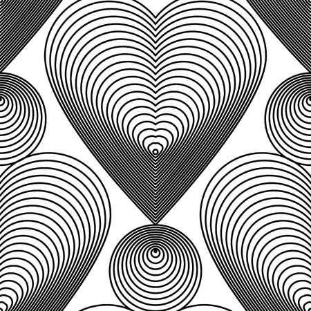 Ornate vector monochrome abstract background with black lines and romantic hearts. Symmetric decorative pattern, geometric illustration.のイラスト素材
