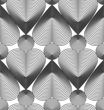Geometric monochrome stripy seamless pattern, black and white vector abstract background. Graphic symmetric backdrop with romantic Valentine hearts.のイラスト素材