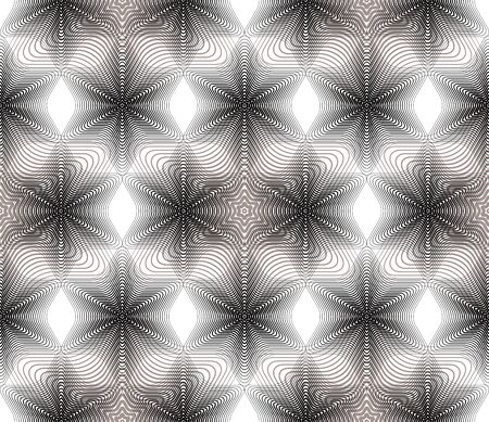 Gray illusive abstract seamless pattern with overlapping geometric shapes. Vector symmetric lined...