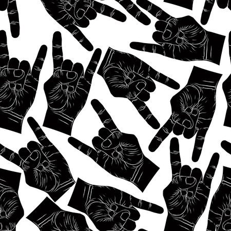 Rock hands seamless pattern, rock, metal, rock and roll music style black and white vector background for wallpapers, textile or other designs.のイラスト素材