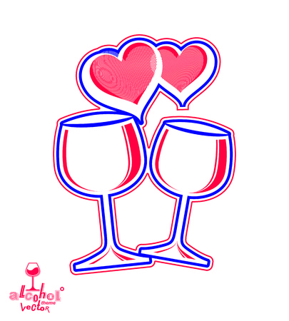 Artistic illustration of wineglasses with two elegant loving hearts. Wedding couple concept â stylized goblets of wine, best for use in graphic and web design. Greeting postcard.のイラスト素材