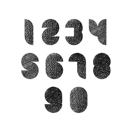 Futuristic shapes numbers set with hand drawn lines texture.のイラスト素材