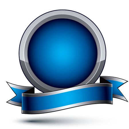 Silver heraldic vector round template, dimensional royal geometric medallion with blue stylish undulate ribbon isolated on white background.のイラスト素材