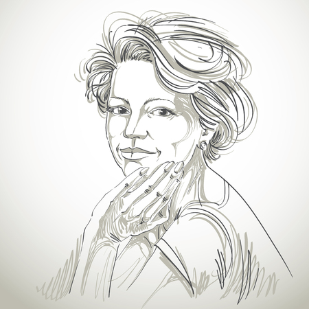 Vector drawing of confident elegant woman with stylish haircut. Black and white portrait of attractive peaceful lady.のイラスト素材
