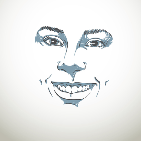 Facial expression, hand-drawn illustration of face of a girl with positive emotional expressions. Beautiful features of lady visage.のイラスト素材