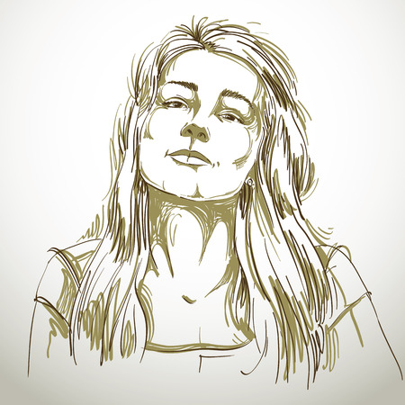 Portrait of sexy good-looking woman, black and white vector drawing. Emotional expressions idea image.  Passionate girl.のイラスト素材