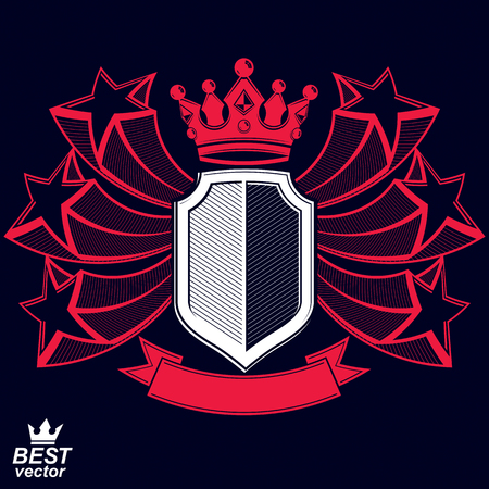 Royal stylized vector graphic symbol. Shield with 3d stars and decorative red ribbon. Clear eps8 coat of arms â military and protection idea.のイラスト素材