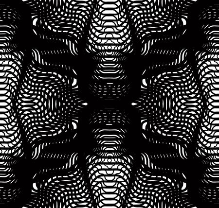 Black and white illusive abstract seamless pattern with overlapping shapes. Vector symmetric...