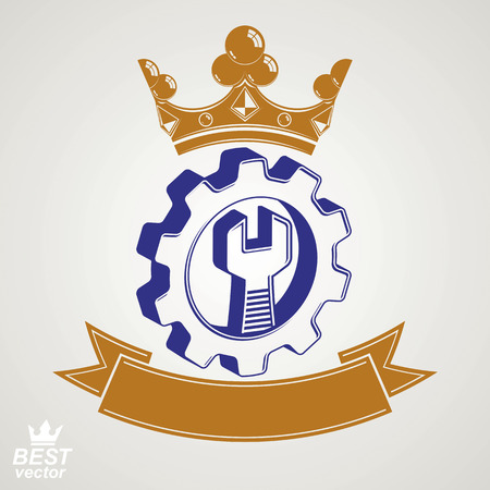 3d manufacturing award idea illustration. Dimensional vector spanner placed in an industry cog wheel. Graphic reparation tool with imperial crown and ribbon.のイラスト素材