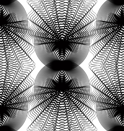 Black and white illusive abstract seamless pattern with overlapping shapes. Vector symmetric...