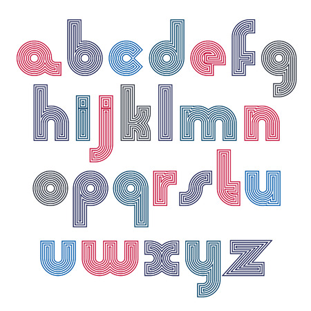 Unusual rounded colorful font created from parallel lines. Vector stylish lower case letters, typescript best for use in web design and posters print.のイラスト素材