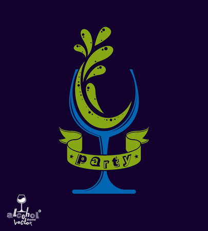 Stylized classic vector goblet with splash and green classic ribbon, party and celebration theme decorative illustration. Lifestyle graphic design element - entertainment idea.のイラスト素材