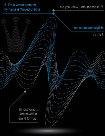 Rhythmic flowing lines, chiffon dynamic background, abstract seamless backdrop. Creative web design elements â luxury king crown isolated on dark.のイラスト素材