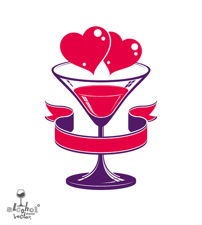 Valentineâs day festive illustration, martini glass with decorative ribbon two loving hearts â wedding anniversary celebration theme.のイラスト素材