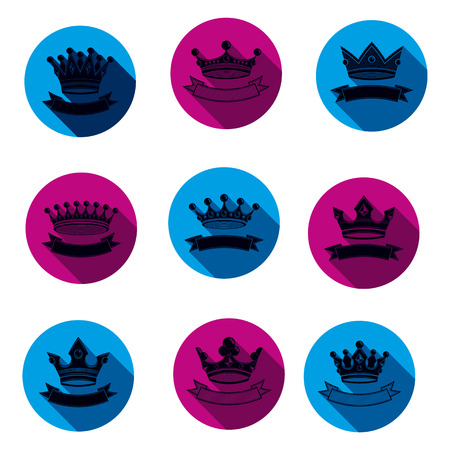 Colorful luxury crowns collection isolated. 3d imperial accessories can be used in web and graphic design. High quality classic vector coronets.のイラスト素材