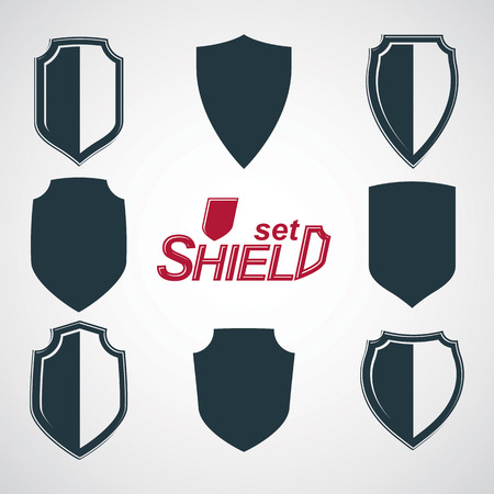 Collection of vector grayscale defense shields, protection design graphic elements. High quality heraldic illustrations on security theme â set of retro coat of arms.のイラスト素材