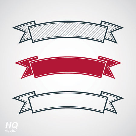 Three undulate vector festive ribbons, classic design stripe. Decorative curvy element - winner conceptual emblems.のイラスト素材