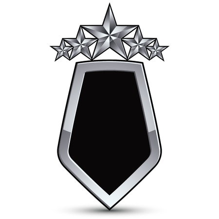 Festive black vector emblem with outline and five silver decorative pentagonal stars, 3d royal conceptual design element, clear eps8. Symbolic coat of arms isolated on white background. Heraldic escutcheon.のイラスト素材