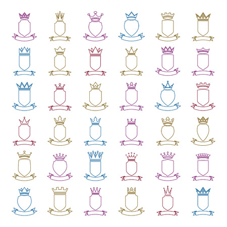 Heraldic blazons placed in a colorful circles, security shields collection with imperial crowns and curvy ribbon. Defense idea, set of vector classic graphic elements.のイラスト素材