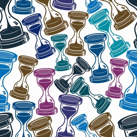 Seamless background with 3d classic sand-glasses, vector antique hourglasses. Time without end...