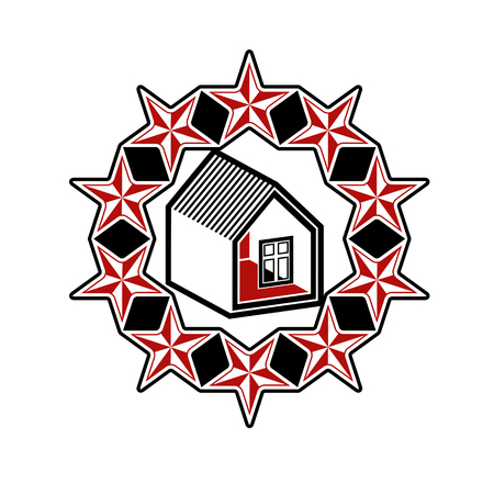 Solidarity idea vector icon, simple house surrounded with festive stars. Stylized design element, union theme.のイラスト素材