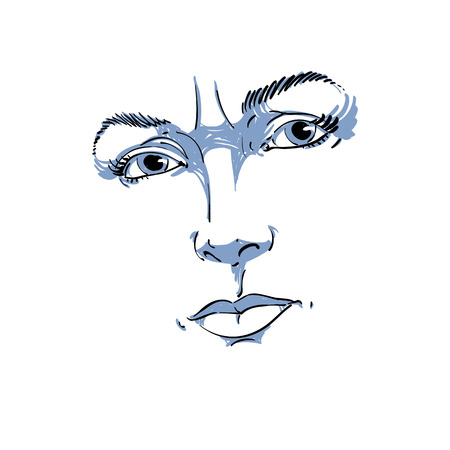 Monochrome hand-drawn portrait of white-skin doubtful woman, face features and emotions theme illustration. Angry lady with wrinkles on her forehead posing on white background.のイラスト素材