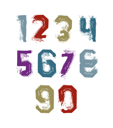 Modern watercolor brushed numbers set, hand-drawn colorful stylish numerals isolated on white background.のイラスト素材