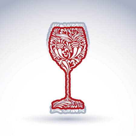 Stylized flower-patterned goblet isolated on white backdrop, alcohol drink theme vector illustration. Elegant decorative wineglass with shadow, romantic design element.のイラスト素材
