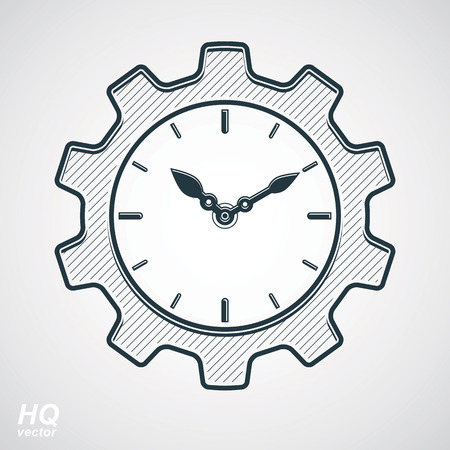 Vector retro cog wheel and clock with an hour hand, business organizer symbol. Production process planning conceptual icon. Industry and engineering design element â gear.のイラスト素材