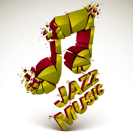 Yellow 3d vector musical note created from refractions isolated on white. Three-dimensional transform music theme design element. Jazz music theme.のイラスト素材