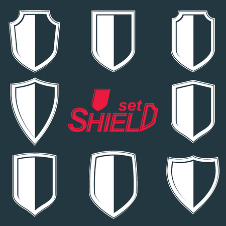 Collection of vector grayscale defense shields, protection design graphic elements. High quality heraldic illustrations on security theme â set of retro coat of arms.のイラスト素材