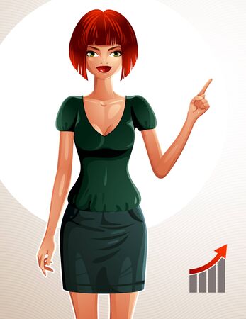 Full body portrait of lady, Caucasian girl pointing at something to side with her finger.のイラスト素材