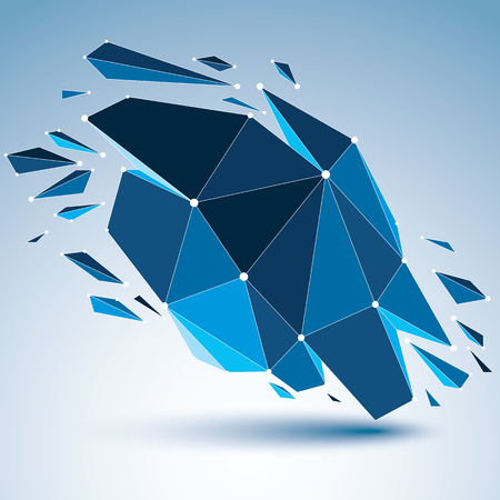 3d vector digital wireframe object broken into different particles and refractions, geometric polygonal structure with blue lines mesh. Low poly shattered shape with luminescent effect.のイラスト素材