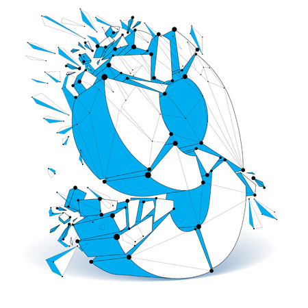 Perspective technology demolished number 9 with black lines and dots connected, polygonal wireframe blue font. Explosion effect, abstract faceted element cracked into multiple fragments.のイラスト素材
