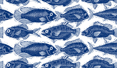 Seamless vector sea pattern, different fish silhouettes. Hand drawn fauna wallpaper, aqua nature continuous background.のイラスト素材