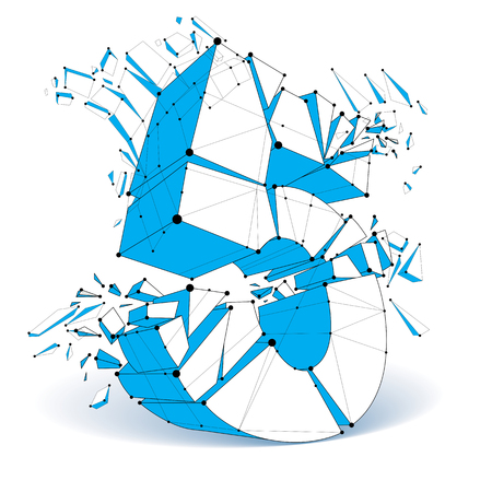 Vector dimensional wireframe number 5, blue demolished digit with refractions and wreckage. 3d mesh technology element broken into pieces.のイラスト素材