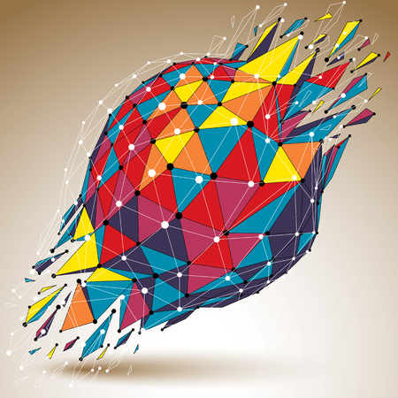 3d vector low poly digital object with connected lines and dots, colorful geometric wireframe shape with different fractures. Asymmetric perspective shattered form.のイラスト素材