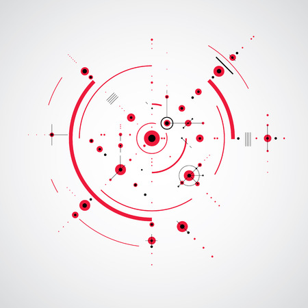 Bauhaus retro wallpaper, art vector red background made using grid and circles. Geometric graphic 1960s illustration can be used as booklet cover design. Technological pattern.のイラスト素材