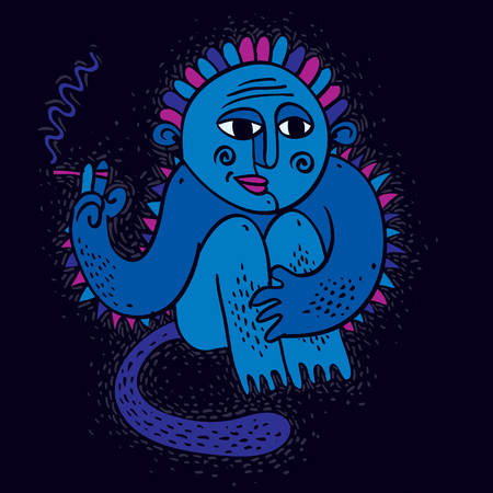 Vector illustration of weird monster sitting and smoking cigarette. Cute blue fictitious mutant, freak character can be used in graphic design.のイラスト素材