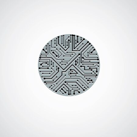 Vector abstract technology illustration with round monochrome circuit board. High tech circular digital scheme of electronic device.のイラスト素材