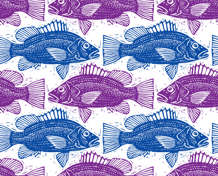 Vector seamless pattern with fishes, different species. Underwater life theme wallpaper, for use in graphic design.のイラスト素材