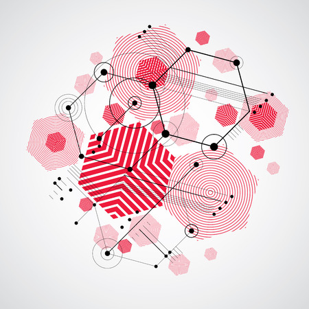 Modular Bauhaus vector background, created from simple geometric figures like hexagons, circles and lines. Best for use as advertising poster or banner design. Abstract mechanical scheme.のイラスト素材