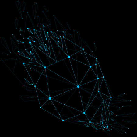 3d vector wireframe object broken into different triangular particles, geometric polygonal structure with blue lines mesh. Low poly cybernetic shape with luminescent effect. Digital technology art.のイラスト素材
