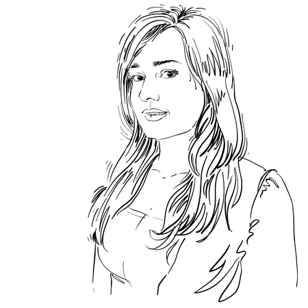 Hand-drawn vector illustration of beautiful romantic woman. Monochrome image, expressions on face of young positive lady, features.のイラスト素材