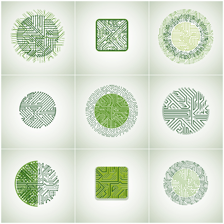 Collection of vector microchip designs, cpu. Information communication technology elements with multidirectional arrows, circuit boards in the shape of square and circle.のイラスト素材