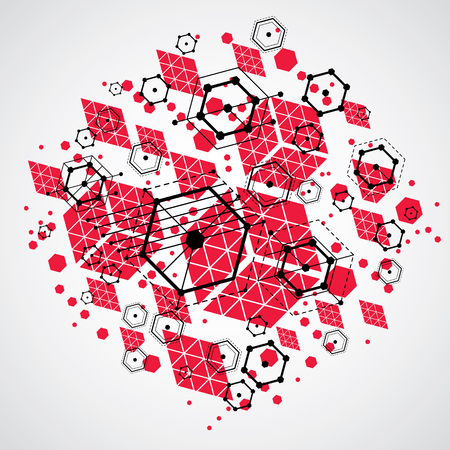 Vector abstract red background created in Bauhaus retro style. Modern geometric composition can be used as templates and layouts. Engineering technological wallpaper made with honeycombs.のイラスト素材