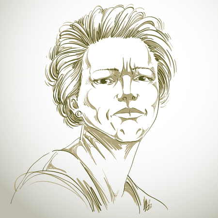 Vector drawing of angry woman with stylish haircut. Black and white portrait of attractive lady expressing doubt, disbeliever.のイラスト素材