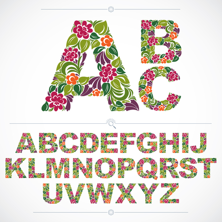 Floral font, hand-drawn vector capital alphabet letters decorated with botanical pattern. Colorful ornamental typescript, vintage design lettering.のイラスト素材