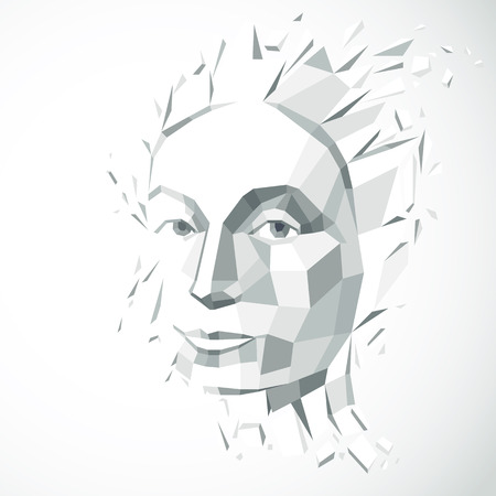 Modern technological illustration of personality, 3d vector gray portrait. Intelligence metaphor, low poly face with splinters which fall apart, head exploding with ideas, thoughts and imagination.のイラスト素材