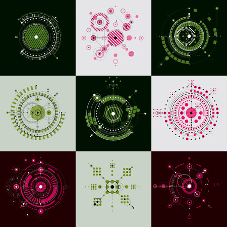 Set vector Bauhaus abstract backgrounds made with grid and overlapping simple geometric elements, circles. Retro artworks, technology style graphic templates for advertising poster.のイラスト素材
